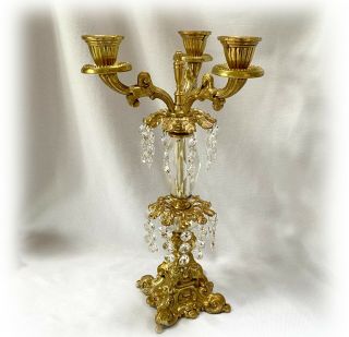 Vintage Ornate Brass Crystal Candelabra 3 Light Candle Holder Hollywood Regency