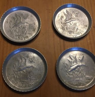 Vintage Set Of Four Silver Toned Duck Coaster