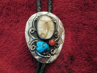 Vintage Bolo Tie With Coral Turquoise Real Scorpio Silver Plate Approx 2 " X 1.  5 "