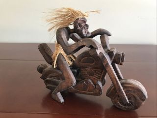Rare Tiki Motorcycle Rider Carved Dark Wood Figurine Sculpture Primitive Tribal