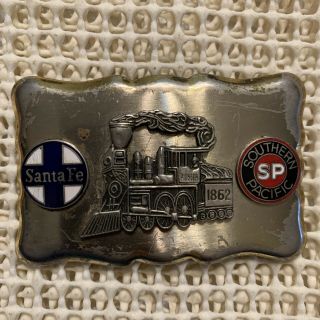 Santa Fe Southern Pacific Merger Railroad Belt Buckle With Silver Steam Engine
