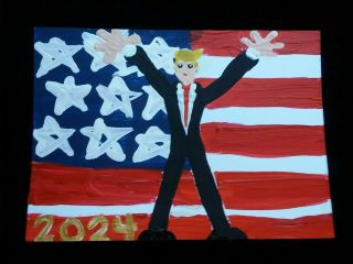 Big Hands Trump 2024 Painting Art Trading Card Aceo Sign Politic President Flag