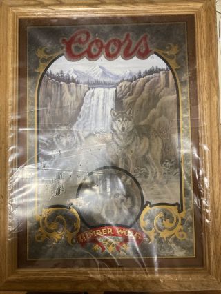 1995 Coors Beer Mirror Sign 1 Nature Series Timber Wolf In Wrap Susan Shea