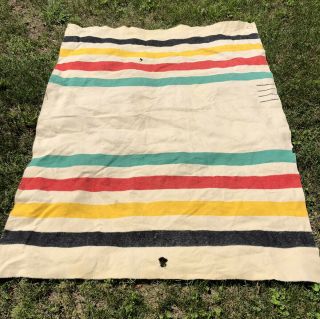 Vtg Hudson Bay 4 Point Wool Stripe Blanket 70x90 Inches Label Missing Hole