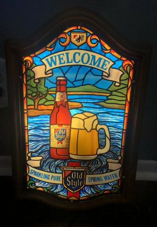 Vintage Old Style Beer Welcome Waterfall Lighted Bar Sign On Faux Stained Glass