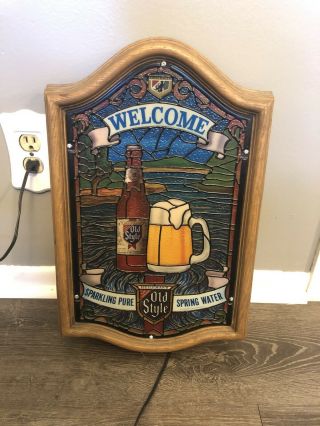 Vintage Old Style Beer Welcome Waterfall Lighted Bar Sign on Faux Stained Glass 2