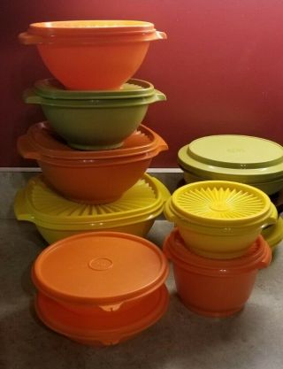 Vintage Tupperware 11 Bowls With Lids Harvest Colors Servalier Sunburst & More