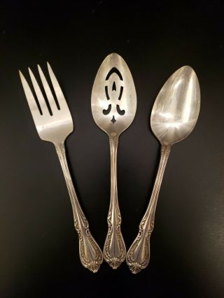 Set Of 3 Wm.  A.  Rogers Oneida Ltd Meat Fork Serving Spoon And Pierced Spoon