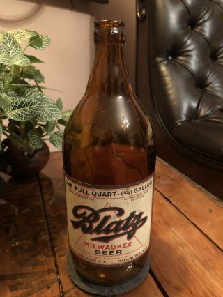 Blatz Beer Bottle,  1 Qt.  Paper Label,  Amber,  1930 - 1940s