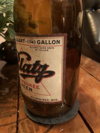 Blatz Beer Bottle,  1 qt.  Paper Label,  Amber,  1930 - 1940s 3