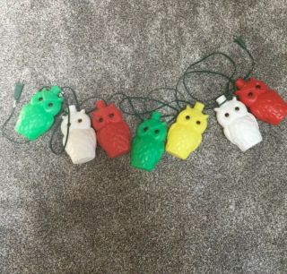 Vintage String Of 7 Blow Mold Plastic Owls Patio Rv Camping Lights Set
