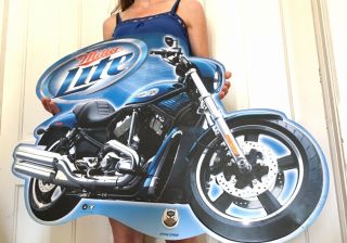 Vtg Miller Lite Beer Harley Davidson Motorcycle Tin Metal Sign Gas Oil Man Cave