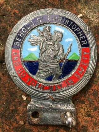 Vintage Car Badge Mascot Chrome Brass Enamel Behold St Christopher