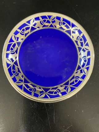 Antique Vintage Sterling Silver Overlay Glass China Cobalt Blue Pin Tray Dish Pl