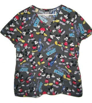 Disney Mickey Mouse Saxaphone Banjo Gray Cotton Scrub Top Womens Xl Shirt