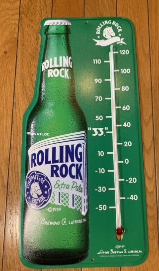 Vintage Rolling Rock Green Beer Wall Thermometer Tin Sign Latrobe Brewing Pa
