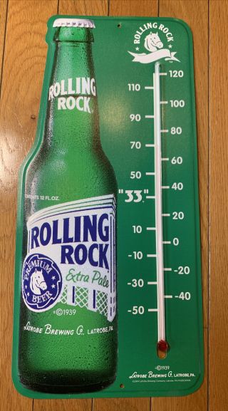 Vintage Rolling Rock Green Beer Wall THERMOMETER Tin Sign Latrobe BREWING PA 2