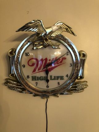 Vintage Miller High Life Zoizel Lighted Wall Clock Sign American Bald Eagle