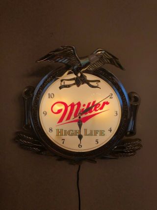 Vintage Miller High Life Zoizel Lighted Wall Clock Sign American Bald Eagle 3