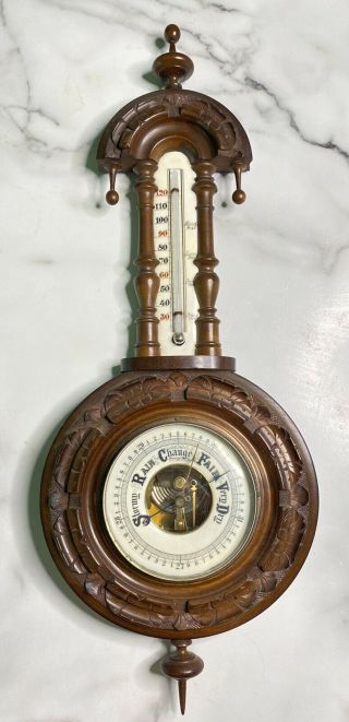 Vintage Wooden Black Forest Style Weather Station Aneroid Barometer 22” Tall