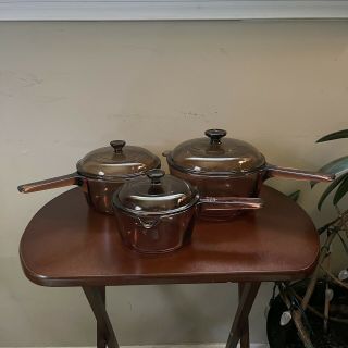 Vintage Corning Pyrex Vision Ware Amber Glass Cookware Pots Pans 6 Piece Set