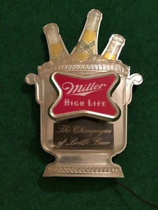Vintage Miller High Life Lighted Bar Sign Light Ice Bucket 3 Beer Bottle 16x11