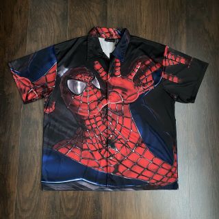 Vintage 2002 Spiderman Movie Promo Button Up Shirt Large All Over Print Size Xl