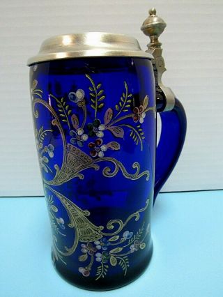Vintage Cobalt Blue Glass Beer Tankard Hand - Painted Floral & Zinn Lid 7 " German