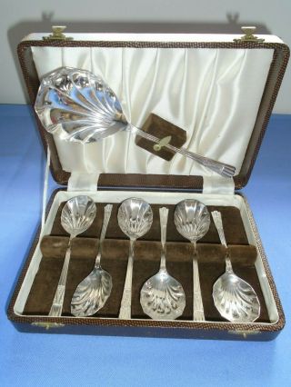 Vintage Cutlery Cased Silver Plated Set Fruit Spoons & Serving Spoon Yeoman Pl