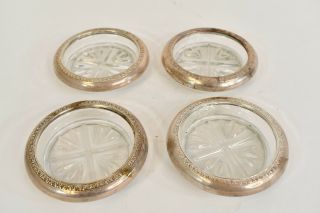 Set Of 4 Sterling Silver And Glass Heavy Coasters Unbranded 3.  5 Inch Diameter