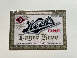 Pre Prohibition Koch Beer Label Koch Brewing Co Williamsport Pa