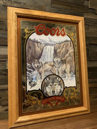 Vintage Coors Beer Timber Wolf Nature Series Framed Mirror Sign 1995