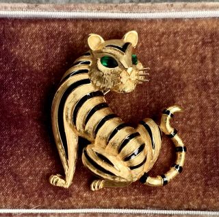 Vintage Trifari Gold Rush Ark Enamel Figural Tiger Cat Pin 1990s Animal