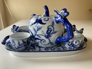 Vintage Bombay Blue Butterfly Teapot W/4 Cups And Serving Tray