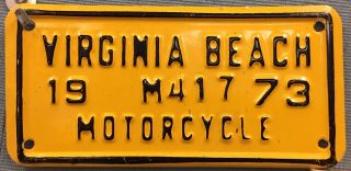 Vintage 1973 Virginia Beach Motorcycle License Plate