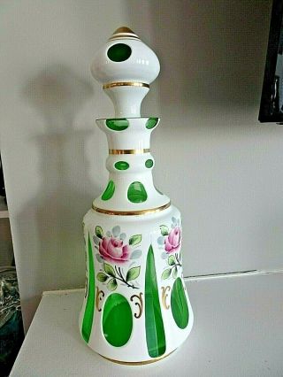 Large Vintage Bohemian Czech Milk White Cut To Green Glass Bottle Decanter