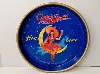 Vintage 13 " Miller High Life Girl On Moon Beer Drink Serving Metal Tray By Canco