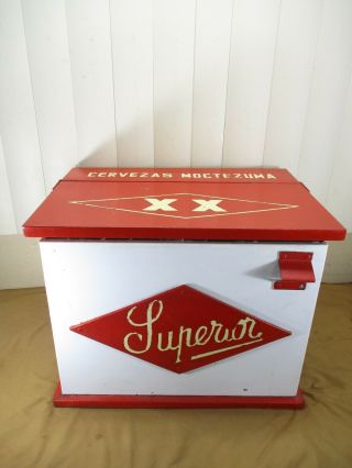 Vintage Moctezuma Brewery Mexican Beer Cooler Ice Box W/ Opener Superior Xx Sol