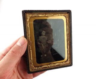 Young Girl/boy With Tinplate Train Antique Ambrotype Photo 19th Century Toy/game
