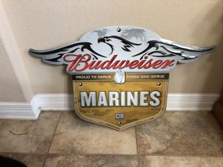 Budweiser Marines “proud To Serve Those Who Serve” Embossed Metal Sign 37” X 23”