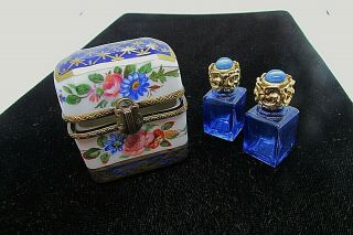 Vtg Limoges 2 Bottle Perfume Holder Cobalt Blue W/ Flowers