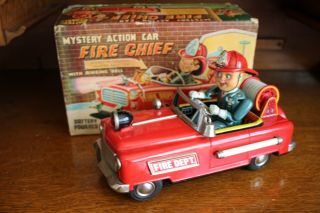 Tn Nomura Fire Chief Car O/ Box Battery Operated Tin Litho Toy Made In Japan Nr