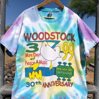 Rare Vtg 90s Delta 1999 Woodstock Tie Dye All Over Print Band Tour Rock T Shirt
