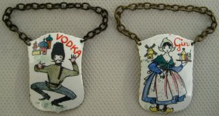 2 Vintage Vodka Gin Decanter Tags Labels Steinbock - Email Painted Enamel 1950/60s
