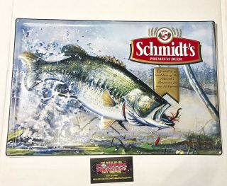 Schmidt’s Premium Beer Bass Fish Fishing Logo Metal Beer Sign 18x12”