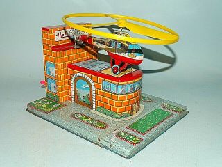 Helicopter & Heliport Tin Friction Crank Toy Kokyu Japan