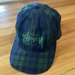 Rare Vintage 1990s Stussy Logo Snap Back Hat Green Plaid Cap Made In Usa