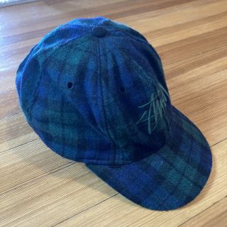 RARE Vintage 1990s Stussy Logo Snap Back Hat Green Plaid Cap Made in USA 2