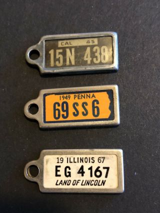 3 Dav Vintage Miniature License Plate Cal 1945 Penna 1949 Il 1967 Tag Key Fob