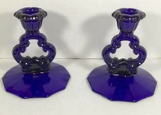 Vintage Cambridge Glass Royal Blue 646 Keyhole Candle Holder Pair,  Decagon Base
